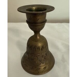 Vintage Engraved Floral Brass Bell with Candle Holder‎ 4" Made in India